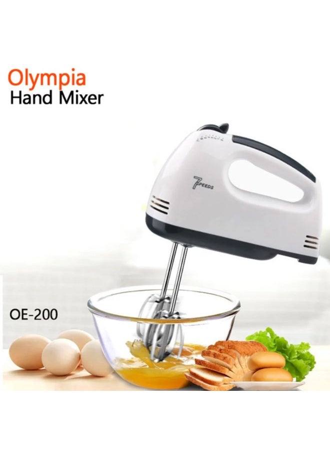 Olympia OE-200 Electric Hand Mixer 600 Watt High Power Motor, 7 Speed Control with Turbo Button, Stainless Steel Accessories, Compact and Easy to Use for Daily Baking - Image 1